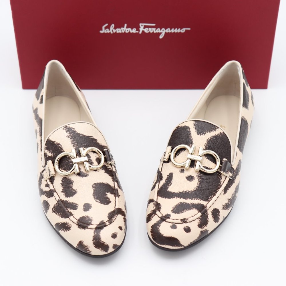 NIB Salvatore Ferragamo Trifoglio Gancini Bit Leopard Print Loafers Flats - Picture 9 of 16